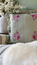 Martha green striped ruffle vintage floral cushion