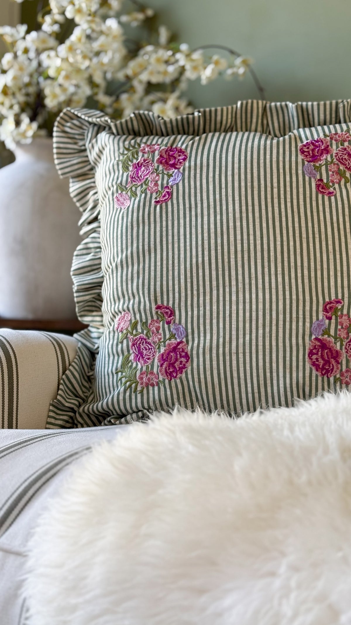 Martha green striped ruffle vintage floral cushion