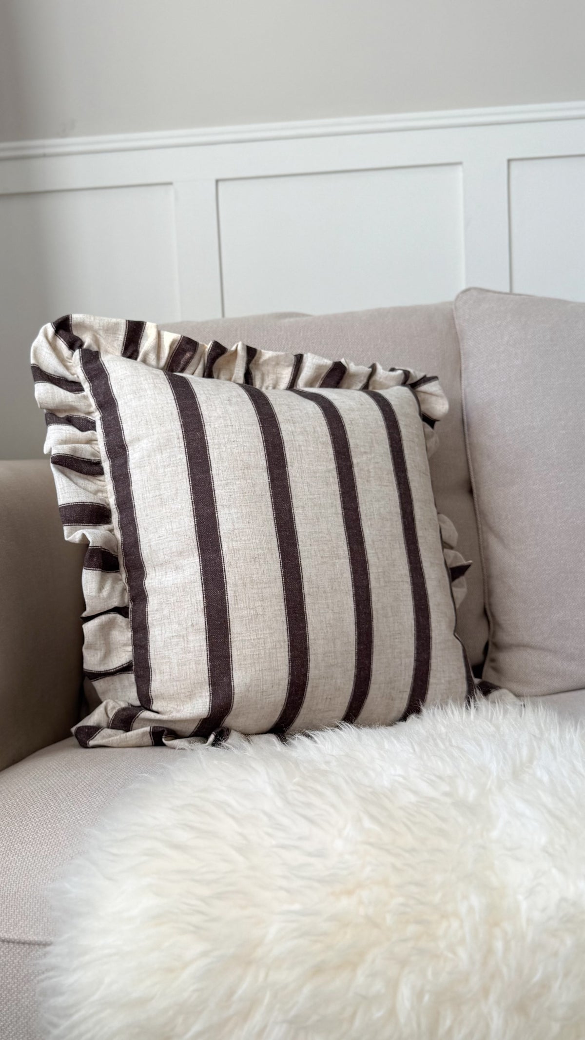 Connie square striped ruffle cushion chocolate