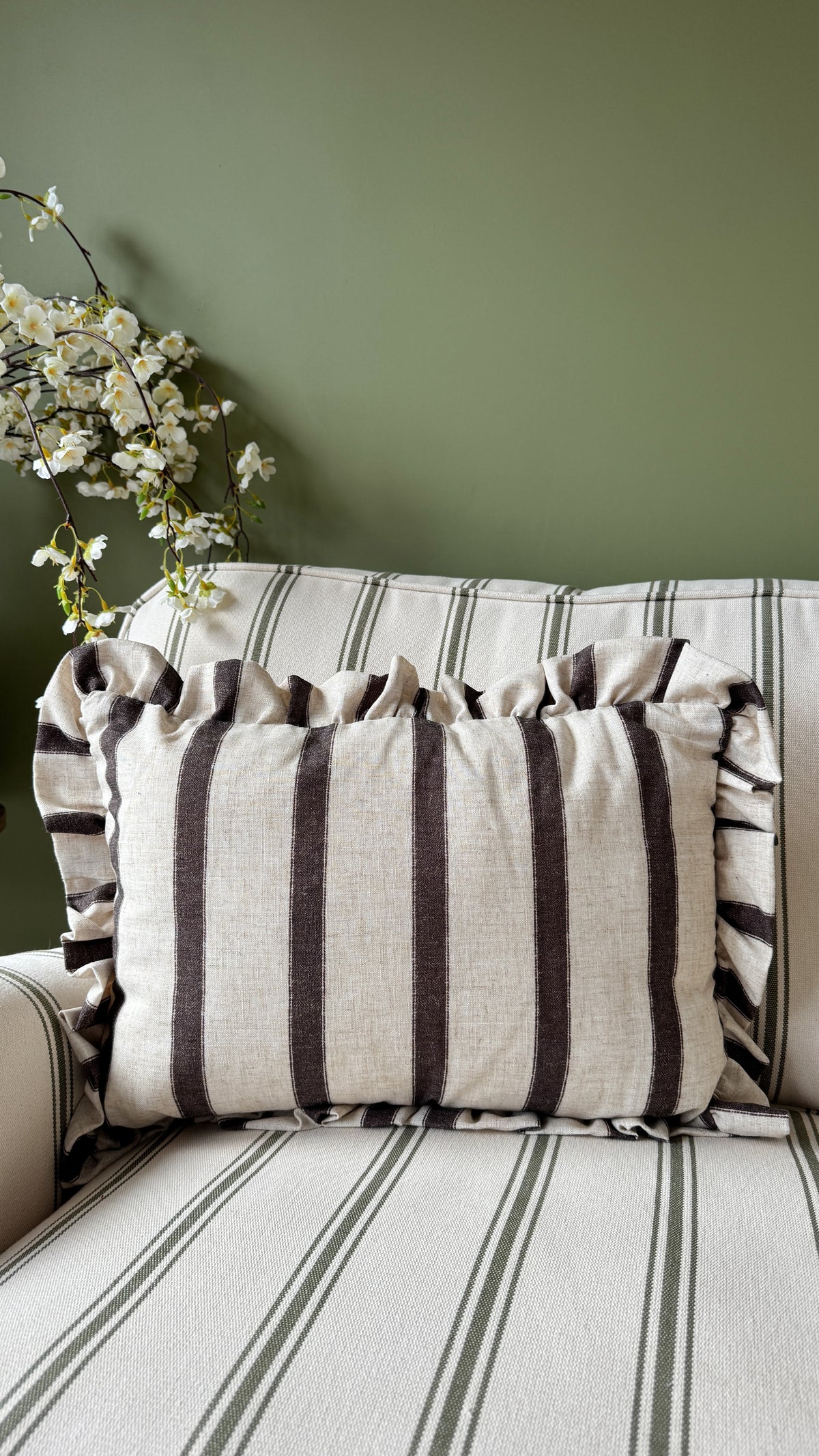 Connie rectangle striped ruffle cushion chocolate