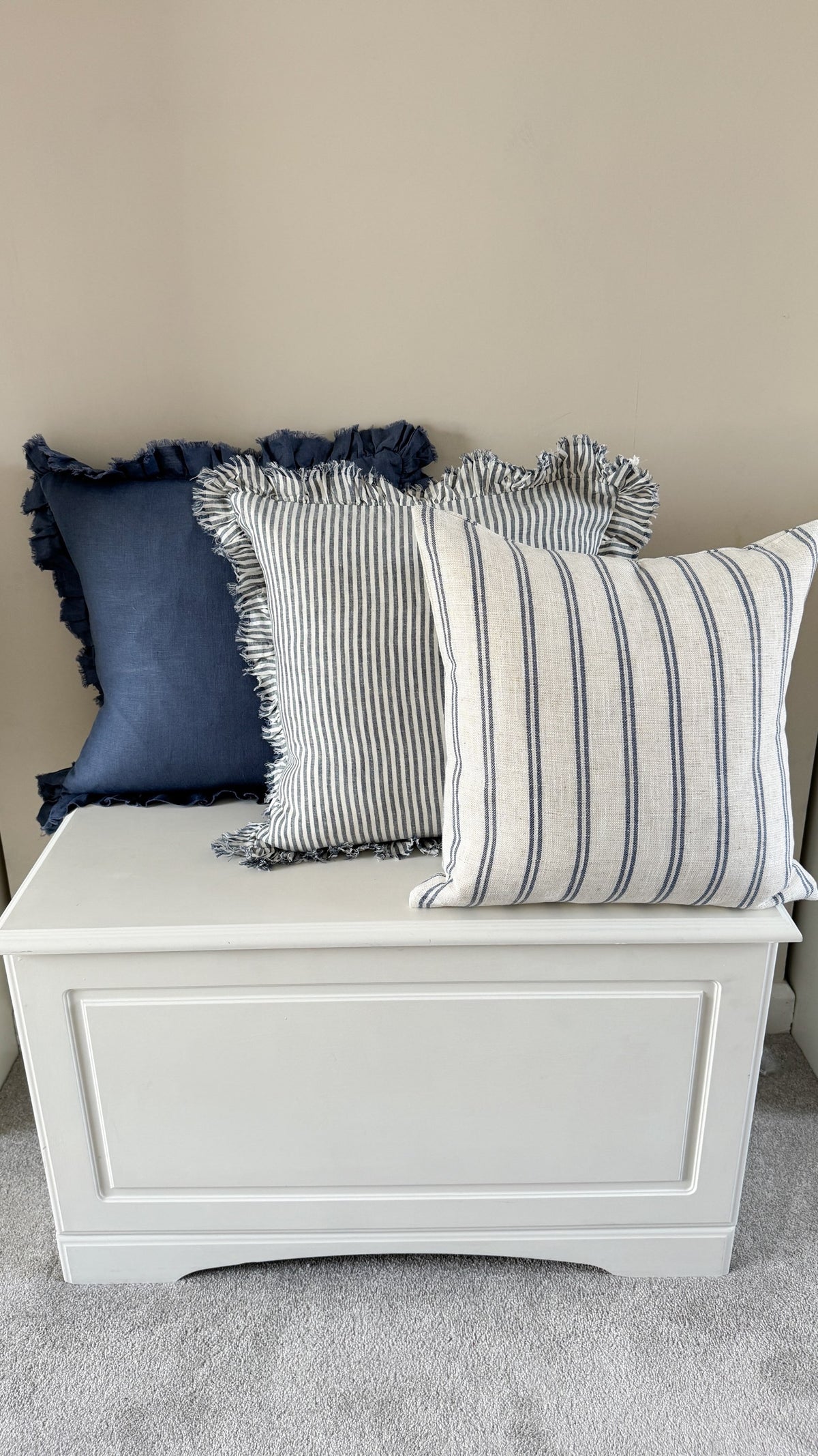 Navy stripe ruffled linen cushion 45 x 45